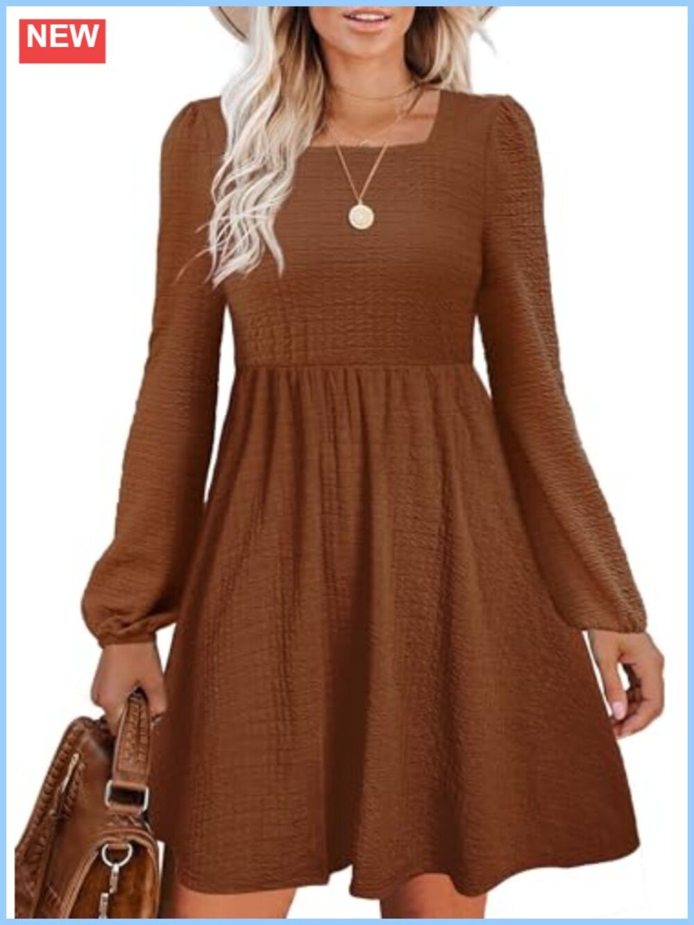 Square Neck Babydoll Dress Long Balloon Sleeve Knee Length Flowy Fall